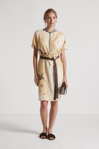 Peserico - Printed tencel ramie voile midi dress - Amber beige