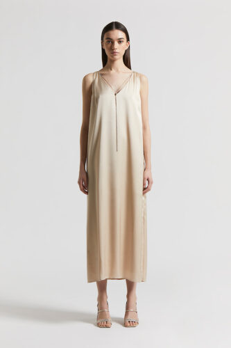 Peserico - Viscose satin midi dress with jewel - Amber Beige
