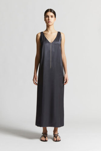 Peserico - Viscose satin midi dress with jewel - Space blue