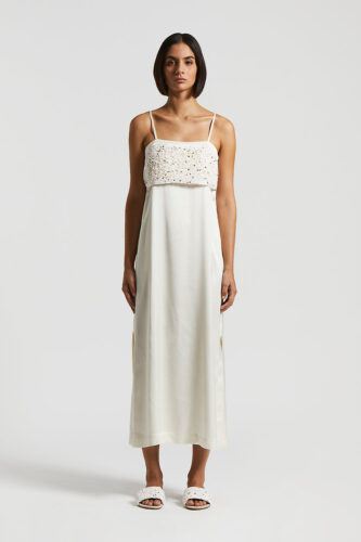 Peserico - Viscose satin midi dress with embroidery - Almond white