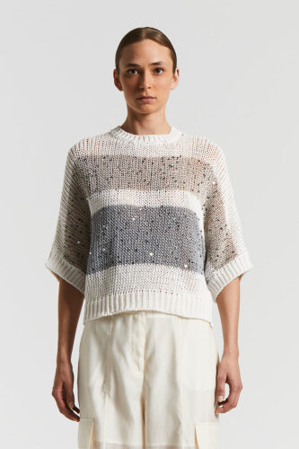 Peserico - Cotton ribbon striped sweater with sequins - Quartz sand