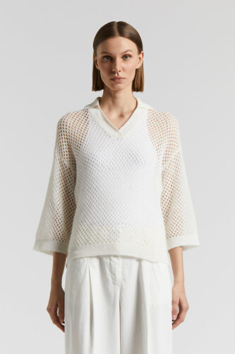 Peserico - Alpaca wool technical yarn polo shirt with sequins - Natural white