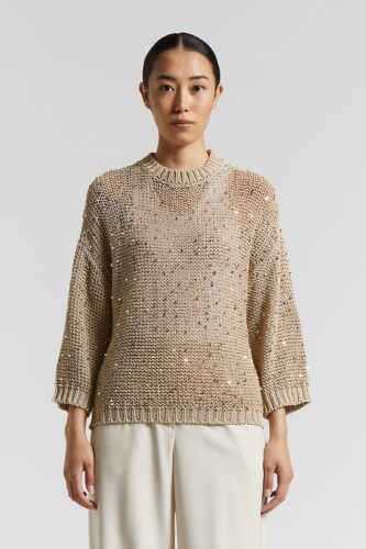 Peserico - Cotton ribbon sweater with sequins - Amber beige