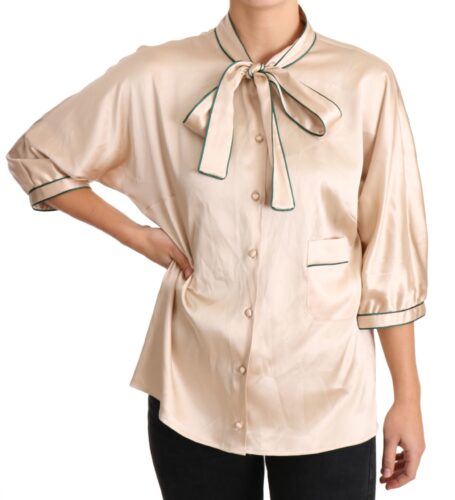 Beige Ribbon Silk Stretch Top Blouse