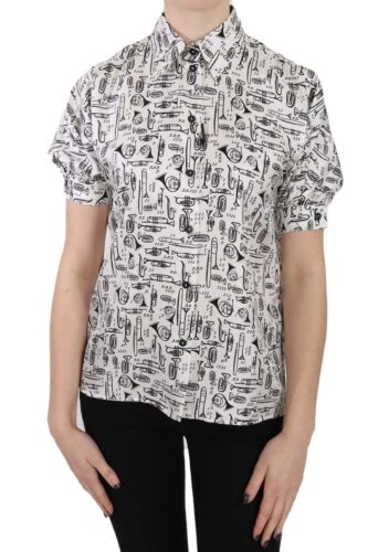 Trumpet Print Button Front Silk Top Blouse