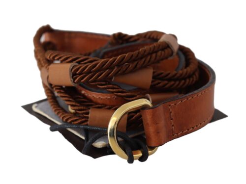 Brown Leather Braided Rope Gold Buckle  Belt