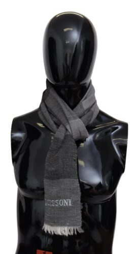 Gray Striped Wool Unisex Neck Wrap Fringes Scarf
